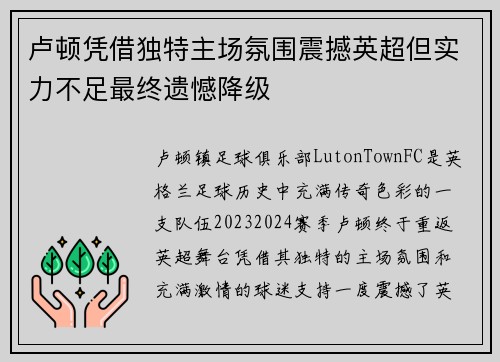 卢顿凭借独特主场氛围震撼英超但实力不足最终遗憾降级
